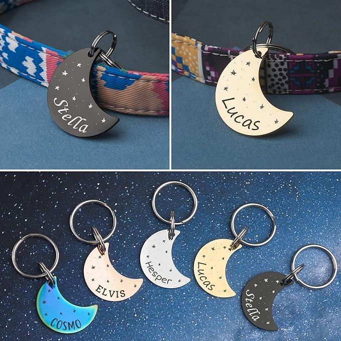 Anavia Small Size Dog Cat ID Tags, Small/XS Personalized Color Plated Stainless Steel Puppy Kitten Name Tags, Customized Engraved Nameplate Pet Collar Tag (Blue, Moon)