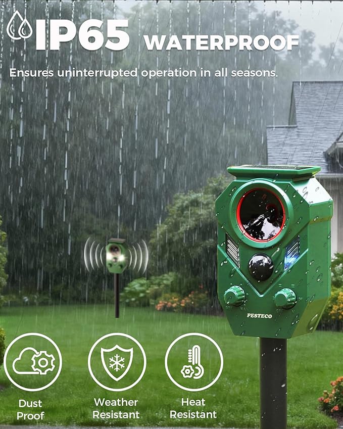 Solar Animal Repellent Outdoor, Ultrasonic Cat Repellent Outdoor, IP65 Waterproof Deer Repellent Deterrent Squirrel Racoon Skunk Rabbit, Dog Repellent for Yard Garden Lawn (2 Pack)