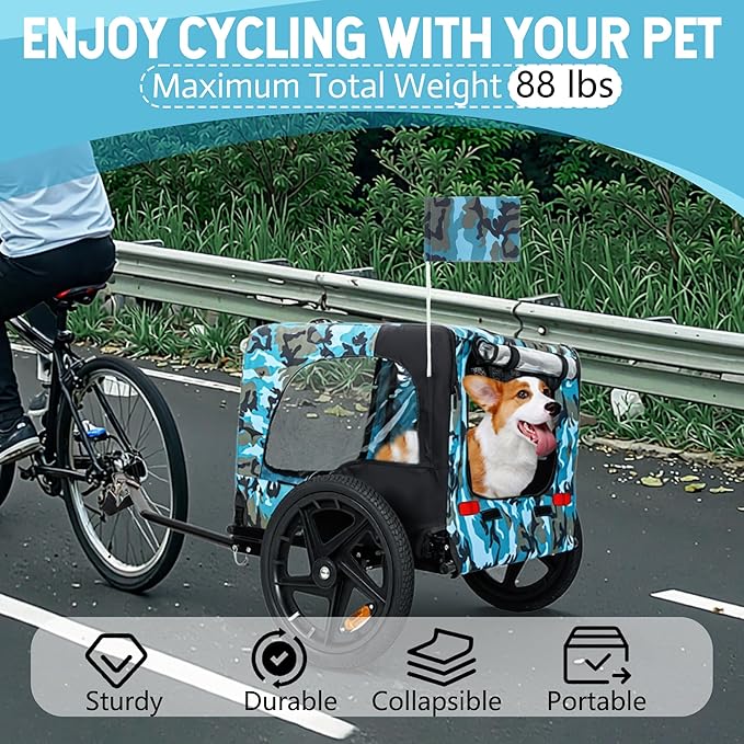 Collapsible Pet Bike Trailer, Portable Dog Bicycle Trailer with Enhanced Safety Design, Weatherproof & Ventilated Pet Carrier for Small to Medium Pets Up to 66 lbs (Blue)