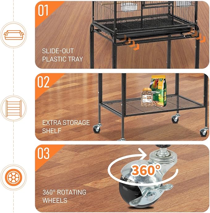 Outvita Bird Cage, 53" Large Metal Flight Bird Cage with Rolling Stand & Storage Shelf for Parrots Lovebird Cockatiel Parakeets Pigeon(Black)