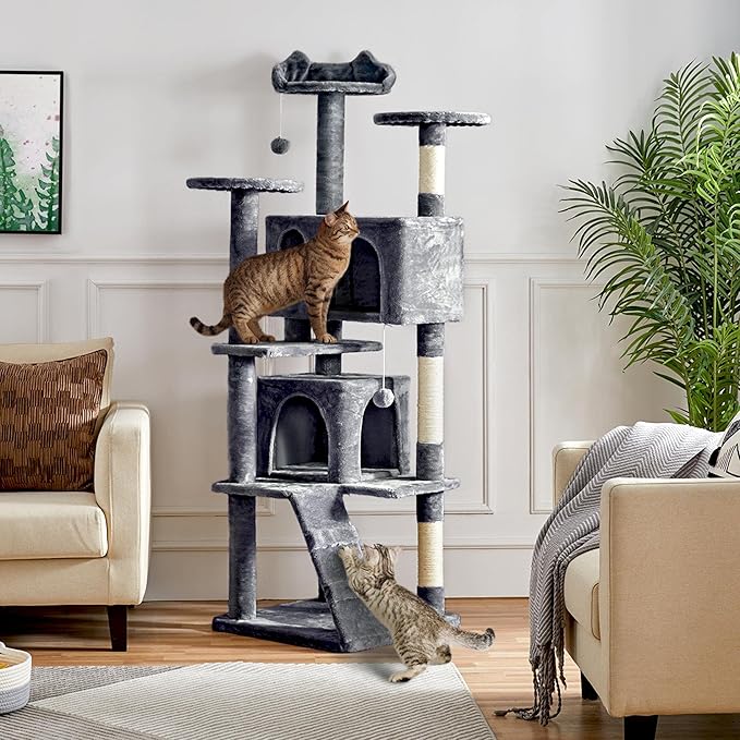 Yaheetech 70in Multi-Level Cat Tree Tall Cat Tower Cat Furniture with Condo, Scratching Posts & Dangling Ball for Indoor Cats Activity Center, Dark Gray