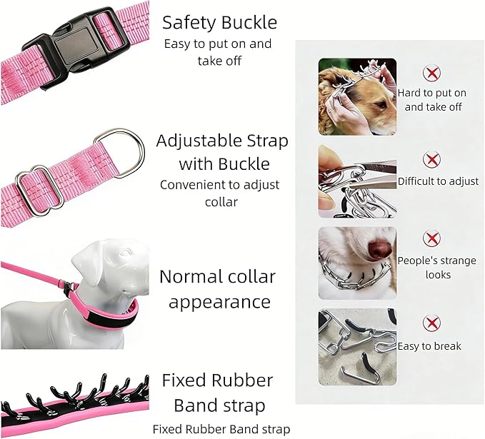 Lightweight Prong Collar for Dogs, Reflective No Pull Dog Collar | Adjustable Size Dog Pinch, Breathable Woven Fabric Air Grid Technology, Martingale Collar for Dogs Training（Pink-M）