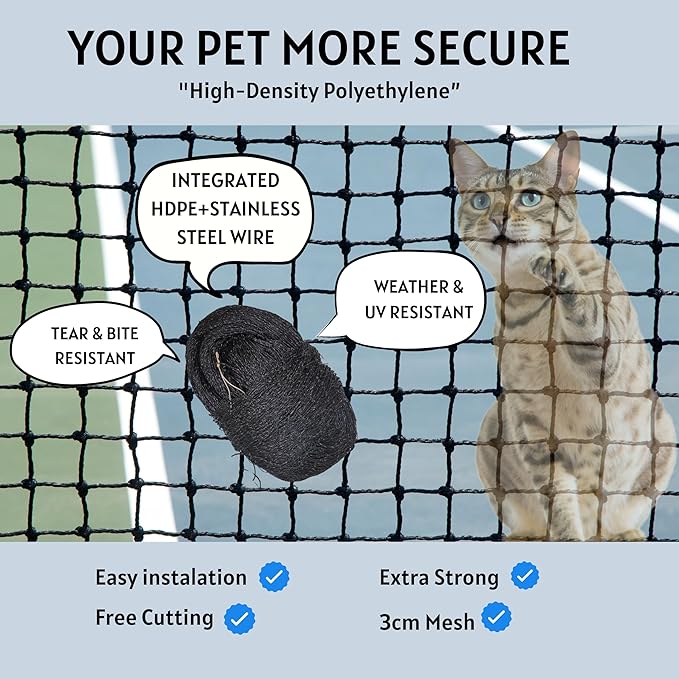 Cat Netting Balcony,10x26 ft Stainless Steel Reinforced Bite Tear UV and Weather-Resistant Anti-Fall Netting for Pets, Safety Net for Cat, Small Catio for Apartment Balcony Protection