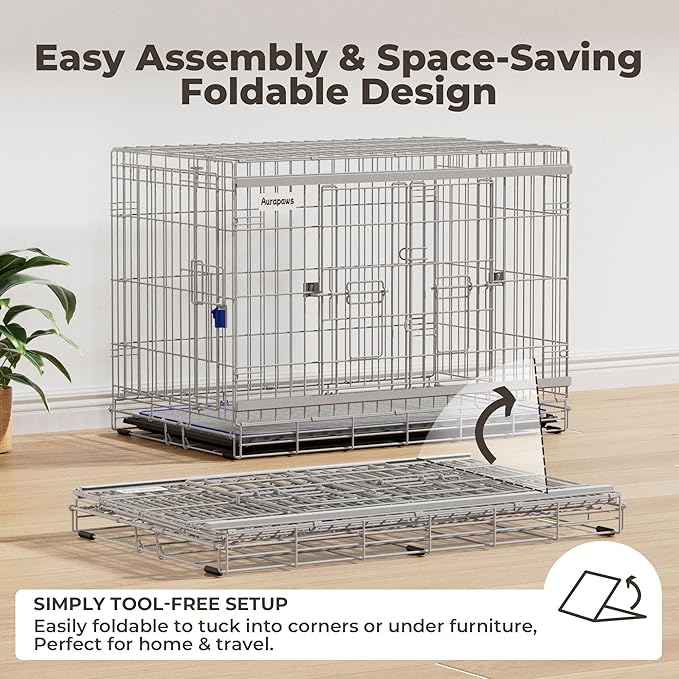 42 Inch Sliding Door Dog Crate - Heavy Duty Collapsible Dog Crates for Large Dogs (70-100lbs), Double Door Metal Dog Kennel Cage with Soft Mat, Leak-Proof Tray, Easy Foldable & Assembly