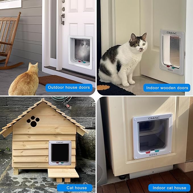 CEESC Cat Flap Door Magnetic Pet Door with 4 Way Lock for Cats, Kitties and Kittens, 2 Sizes and 2 Colors Options (L- Inner Size: 7.08"(W) x 7.48"(H), White)