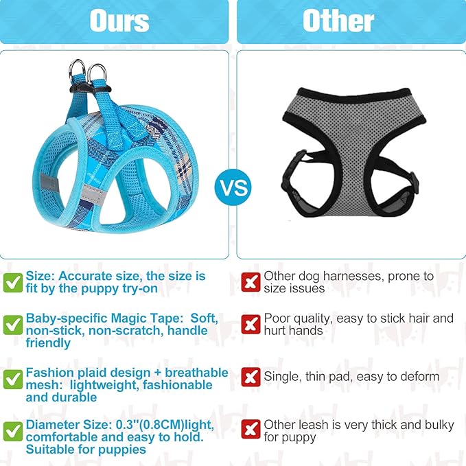 BEAUTYZOO Small Dog Harness and Leash Set,Step in No Choke No Pull Soft Mesh Dog Harnesses Reflective for Extra-Small Medium Puppy Dogs and Cats, Plaid Dog Vest Harness for XS S Pets, Blue XS