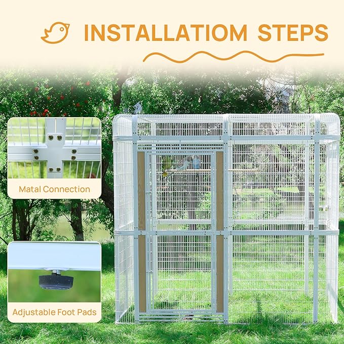 Large Walk-in Cage 87-inch Heavy Duty Bird Cage Outdoor Carbon Crystal Board Aviary Parrot Cage Wide Flight Metal Birdcage for Macaw Budgie Conure Lovebird Parakeet Cockatiel, 7.22x5.25x6.8ft, White