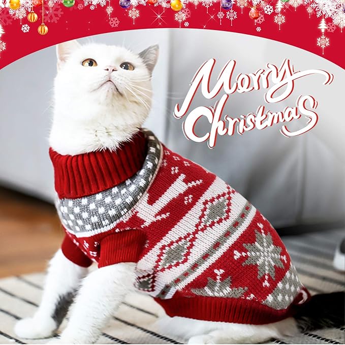 HYLYUN Cat Christmas Sweater 2 Packs - Puppy Christmas Sweater Pet Reindeer Snowflake Sweaters for Kittys and Small Dogs XL