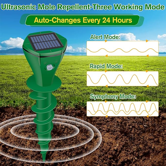 Mole Repellent Solar Powered Ultrasonic,Deer Repellent Devices,Gopher Trap Groundhog Repeller,Sonic Spikes Get Rid of All Pests Vole, Chipmunk,Cat,Skunk,Snake,Mole Trap for Lawn, Garden Yard (2P)