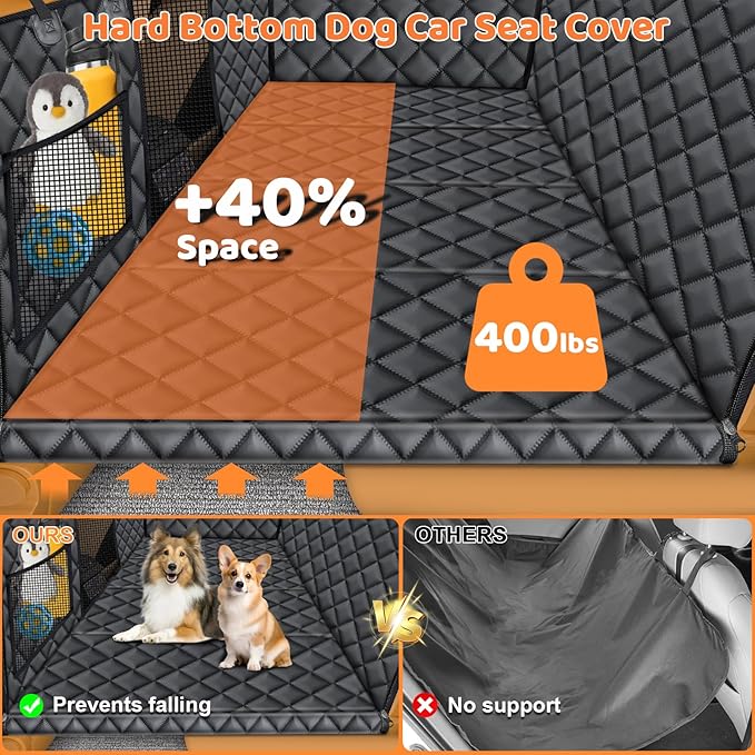 URPOWER Backseat Extender for Dogs - Hard Bottom Dog Car Seat Cover for Back Seat, Dog Hammock for Car and SUV, Pet Rear Seat Protector Dogs Travel Bed with Mesh Window & Side Flaps