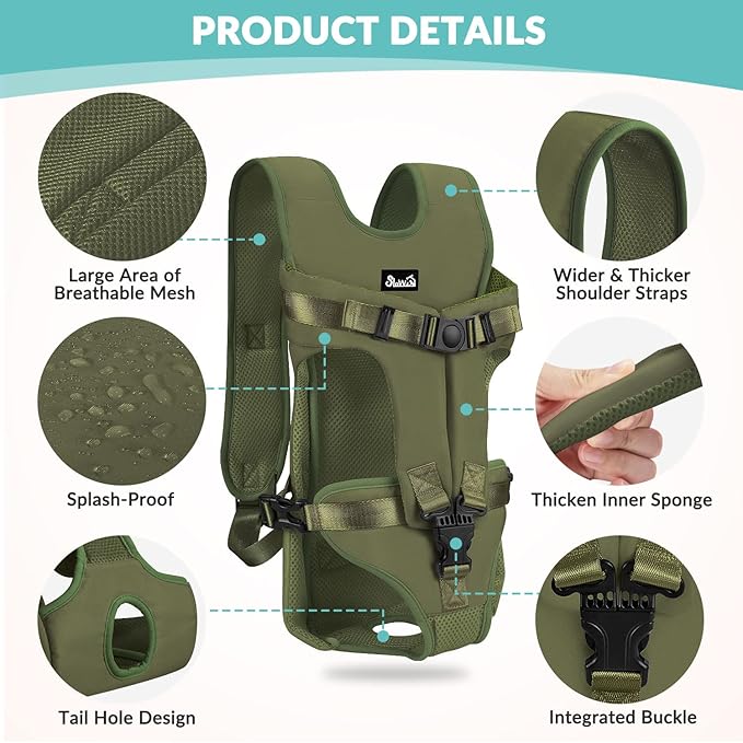 Lukovee Dog Backpack Carrier, Legs Out Easy-fit Dog Front Carrier for Small Medium Dogs, Adjustable Hands Free Dog Chest Carrier for Hiking Cycling (Green,Small)