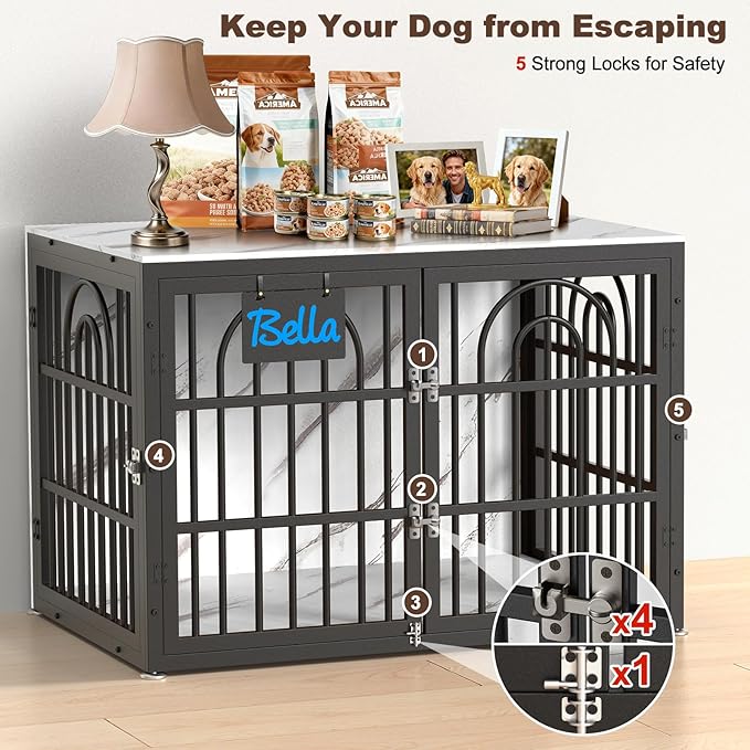 42" Dog Crate Furniture, Heavy Duty Dog Crates, Dog Kennel Furniture Indoor for Large Dog as TV Stand, Wooden Cage End Table for Indoor Decoration, Name Tag Escape-Proof Locks & Double Door