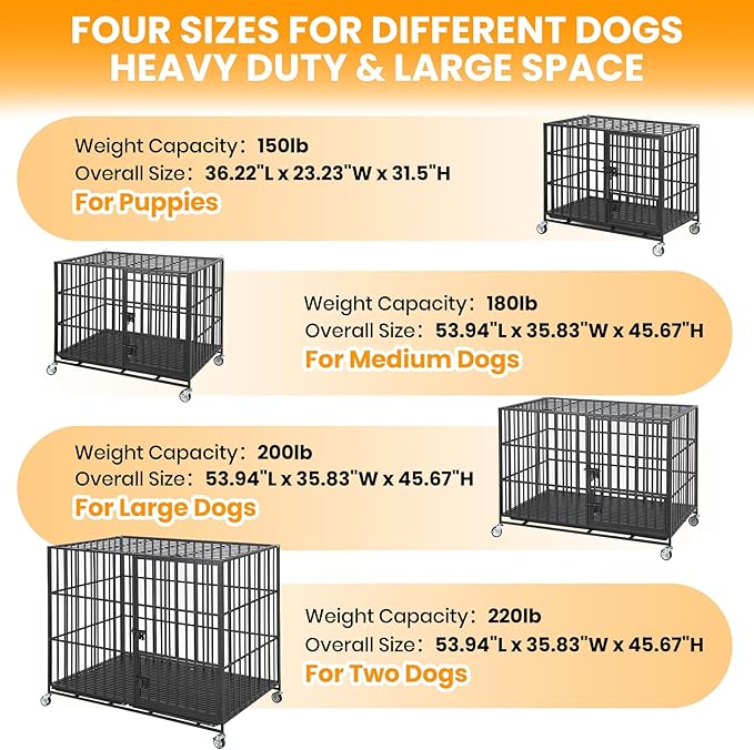 49 Inch Heavy Duty Dog Crate with Wheels, Escape Proof Metal Kennel with 3 Doors & Removable Tray for Large Medium Dogs, Black