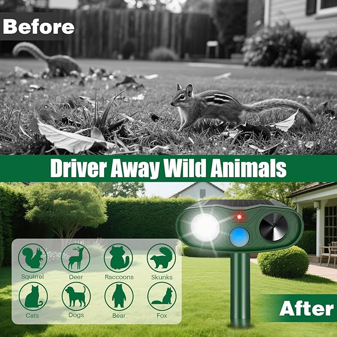 2Pack 2026 Solar Ultrasonic Animal Repellent Outdoor Cat Repellent Devices with Motion Detection&Flash Light Squirrel Rabbit Dog Cat Deterrent,Keep Rodent Chipmunk Raccoon Deer Away for Yard Garden
