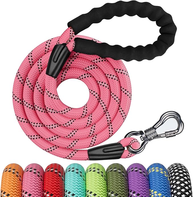 NTR 3FT Heavy Duty Dog Leash Pink Rope Dog Leash with Swivel Lockable Hook and Comfortable Padded Handle Cat Puppy Leash Lead Small Medium Large Dogs Training Playing Camping,or Backyard 3ft*1/2Inch