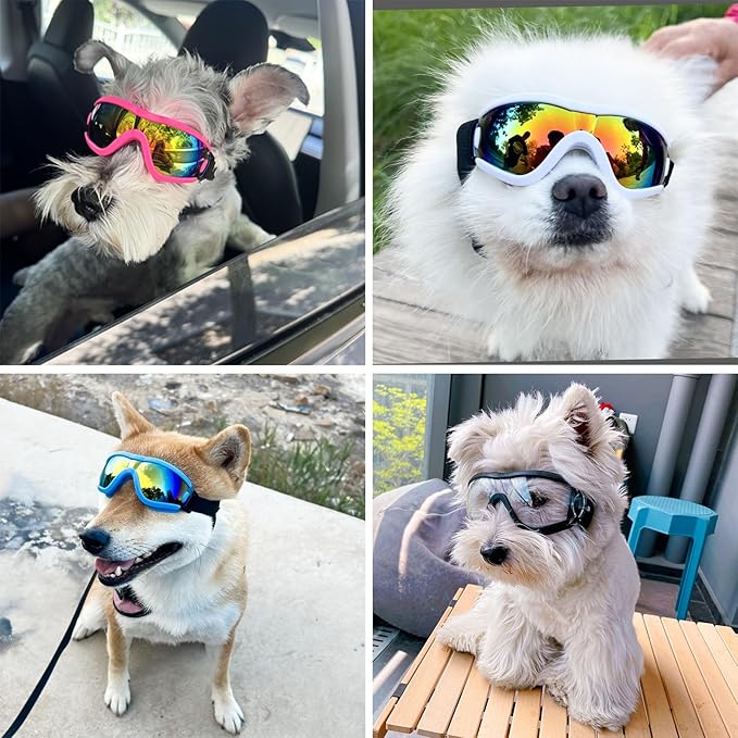 Dog Goggles Small Breed Dog Sunglasses with Adjustable for UV Protection Eyewear Doggy Doggie Puppy Glasses Anti-Fog Wind Dust Snowproof (Pink Frame Red Lens)