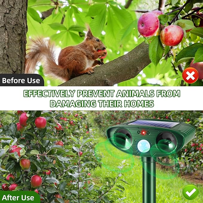 4 Pack 2026 Solar Ultrasonic Animal Repellent Cat Rabbit Deterrent Racoon Deer Repellent Devices with Motion Detection for Squirrel Dog Rodent Waterproof Skunk Repellent for Yard
