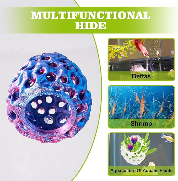 Shrimp Dome Hide, Shrimp Hides for Aquarium, Betta Fish Hideout with Suction Cup, Betta Habitat Tank Ornament Accessories, Aquarium Decor for Small Fish Guppy Hiding Resting (Blue Red)
