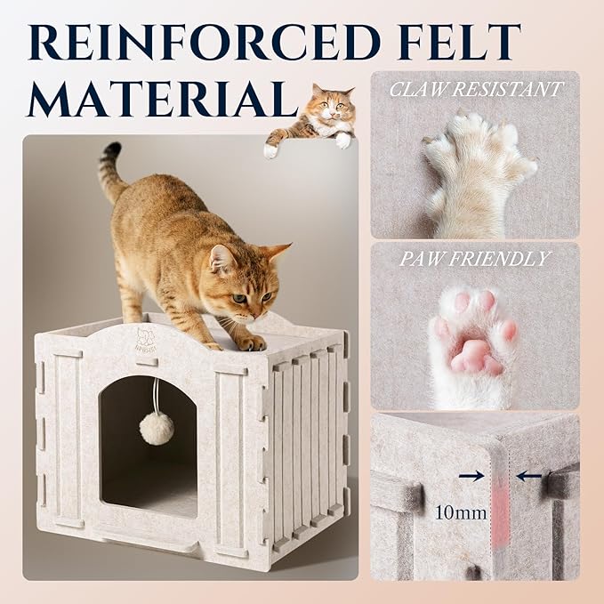 Apasiri Cat House Scratch-Resistant: Indoor Warm Enclosed Felt Bed Cave with Hanging Ball Toy, No-Tool Assembly Hideaway for Anxious Cats & Kittens, 13.4x13.4x9.85 Inch Interior