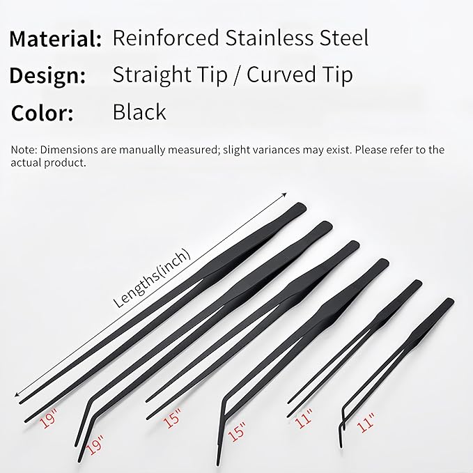 Stainless Steel Long Reptile Feeding Tweezer Set,2pcs/Pack,11''/15''/19'' Feeding Tongs,Thickened Non-Slip Handle with Straight & Curved Tips for Aquariums, Turtles, Lizards (2pcs-19'')