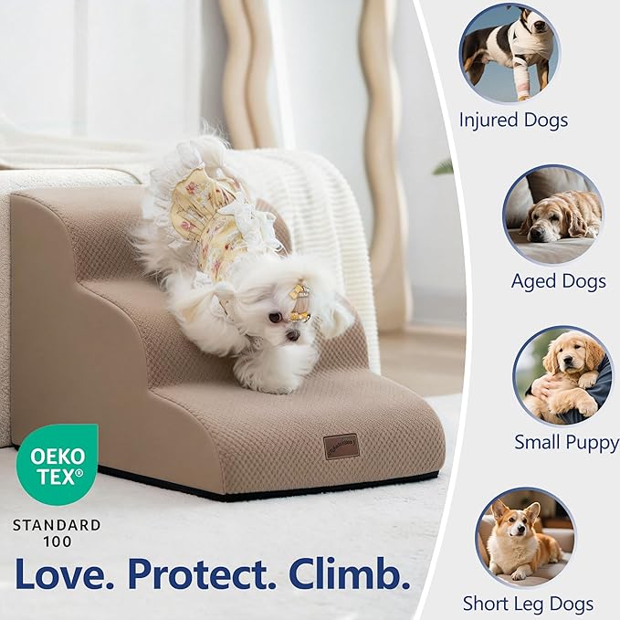 gogobunny Ramp Cat Dog Stairs for Beds, Cat Slope Stairs with Durable Waterproof Fabric Cover, Pet Steps for Old Large Dogs Climbing (Camel, 4-Step (28.3" D x 15.7" W x 19.7" H), 4)