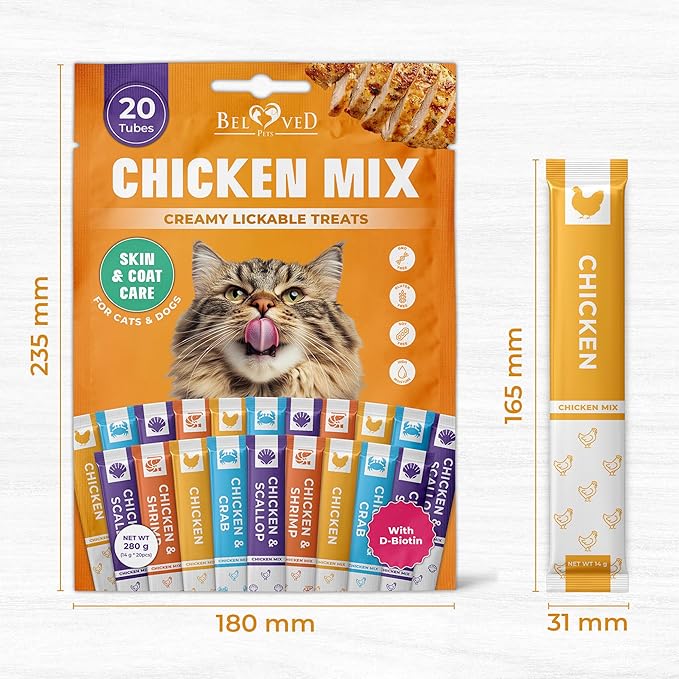Beloved Pets Creamy Lickable Cat Treats & Wet Food Squeeze Tubes – Liquid Kitten Snacks, Skin & Coat Health, Multivitamin Treats for Cats, & Small Dogs, Lick Up 20 Chicken Mix