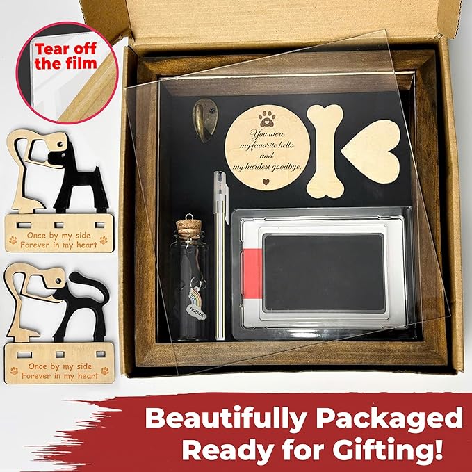 8.6'' Pet Memorial Shadow Box, Rustic Collar Holder Picture Frame, Paw Print Kit, Dog Wooden Sculpture, Pet Hair Fur Jar, Cat Memorial Keychain, Dogs Sympathy Card, Gift for Pet Lovers PSD-4R