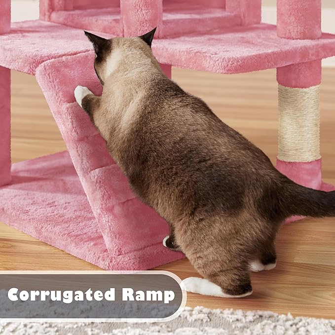 Yaheetech 54in Cat Tree Tower, Multi-Level Cat Tree for Indoor Cats with Scratching Posts, Dangling Balls Cat Play House, Pink