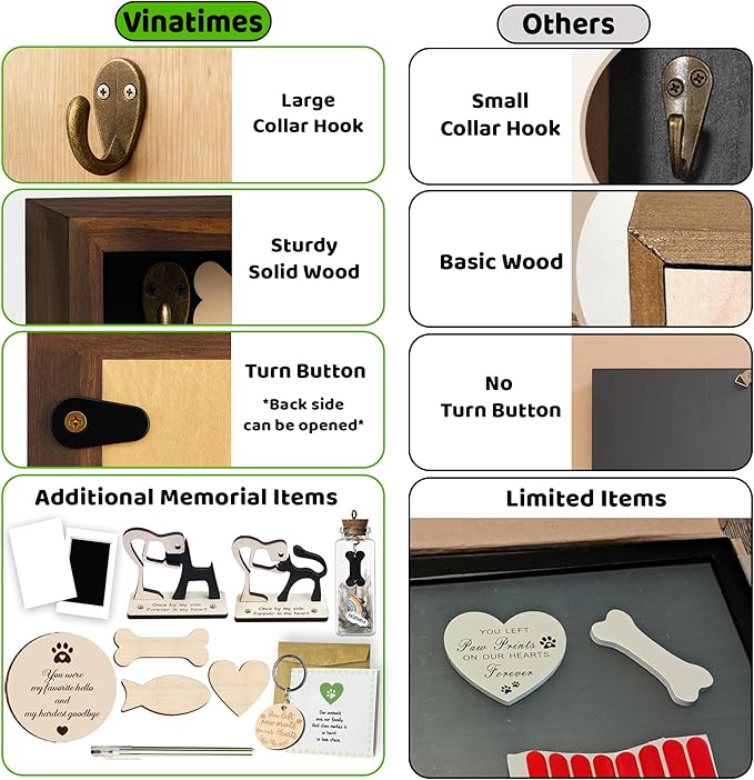 8.6'' Pet Memorial Shadow Box, Rustic Collar Holder Picture Frame, Paw Print Kit, Dog Wooden Sculpture, Pet Hair Fur Jar, Cat Memorial Keychain, Dogs Sympathy Card, Gift for Pet Lovers PSD-4R