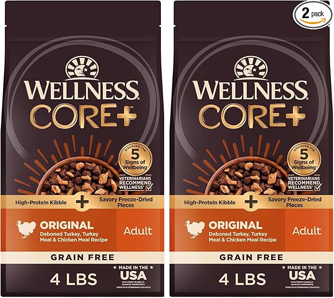 Wellness CORE RawRev Grain-Free Dry Dog Food, Natural Ingredients, Made in USA with Real Freeze-Dried Meat (Adult, Turkey, 4 lbs) (Pack of 2)