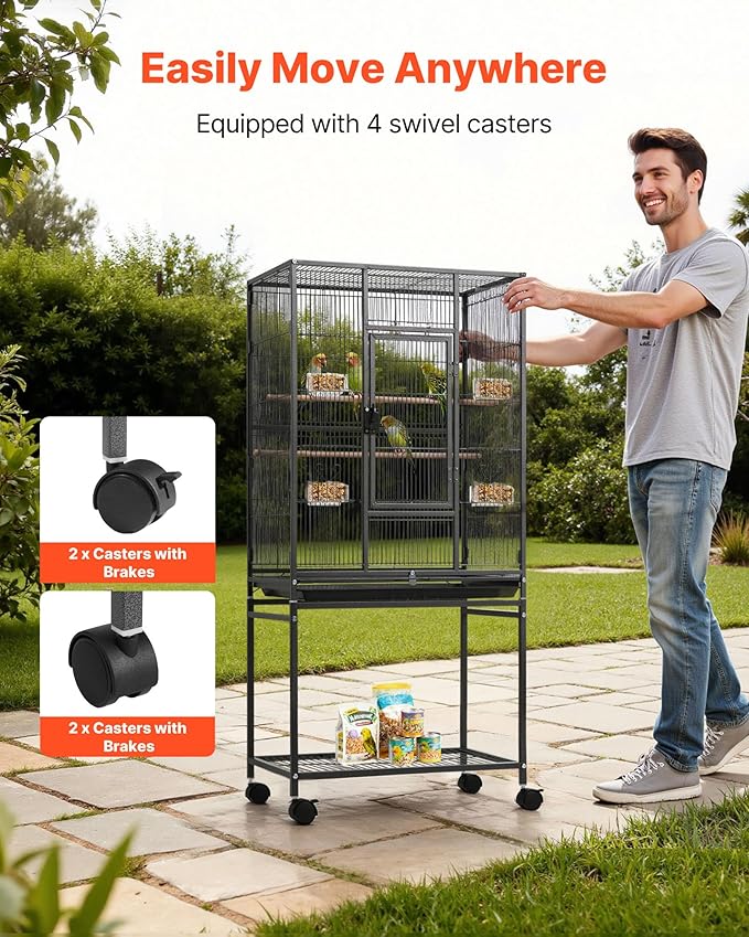 VEVOR Bird Cage, 24.6 x 16.7 x 53.9 inch, Flat Top, Wrought Iron Bird Flight Cage with Perches, Slide-Out Tray and Plastic Feeders, Casters, for Parrot, Blue Tit, Cockatiel, Canary, Budgerigar, Conure
