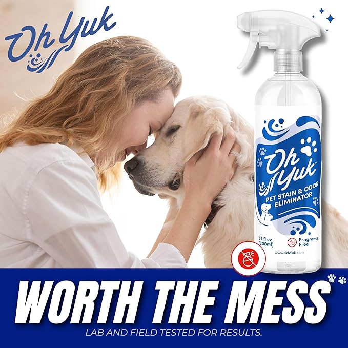 Oh Yuk Probiotics Pet Odor Eliminator and Stain Remover Spray – Dog & Cat Urine and Poop Odor Eliminator for Home, Pet Pee Smell Remover & Deodorizer – 27 fl oz (Unscented)