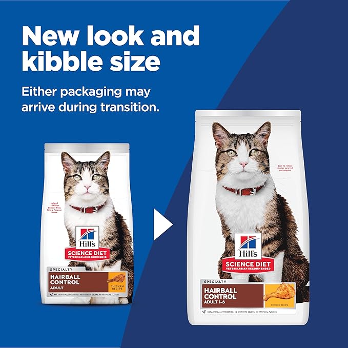 Hill's Science Diet Hairball Control, Adult 1-6, Hairball Control Support, Dry Cat Food, Chicken Recipe, 15.5 lb Bag