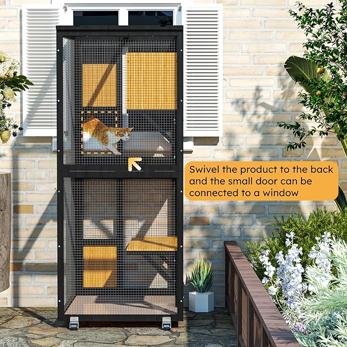 2 in 1 Catio Outdoor Cat Enclosure, 4 Tier Outdoor Cats House with 4 Wheels, Cat Enclosure Window Access with Removable Floor, Upgraded Resting Box, Waterproof Roof, Indoor Pet Cage, Black