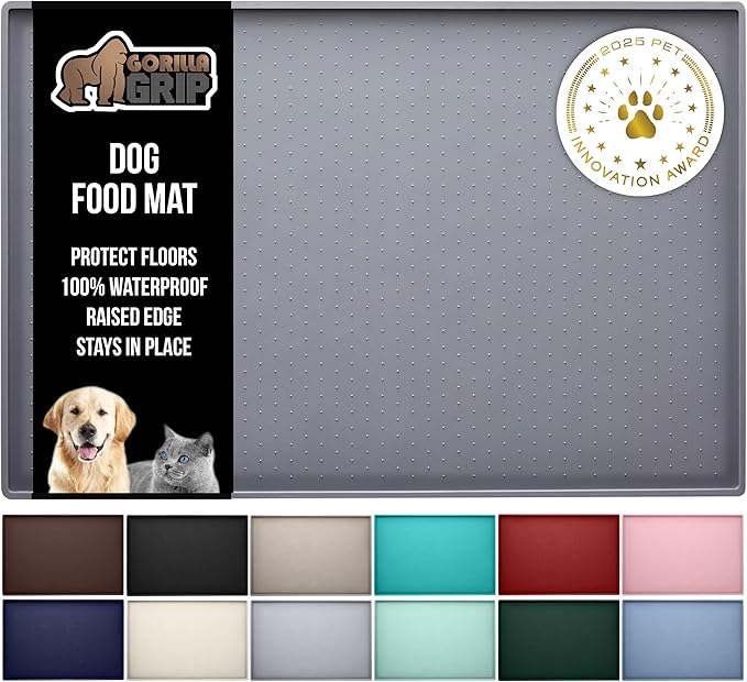 GORILLA GRIP 100% Waterproof Raised Edge BPA Free Silicone Pet Feeding Mat, Dog Cat Food Mats Contain Spills Protects Floors, Placemats for Cats and Dogs Water Bowl, Pets Accessories 16x10, Gray