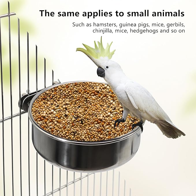 Medium+Large Bird Feeding Dish Cups,Parrot Food Bowl Cage with Clamp Holder Stainless Steel,Birdcage Coop Water Feeder for Cockatiel Parakeet Macaw Finches Lovebirds Small Animals (1 Pack, M+L)