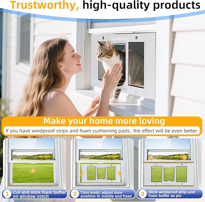 Full Size Cat Door Window Insert 27"-32" Various Sliding Windows, 4 Flexible Locking Modes, High-Definition, high-Transparency cat Door for Windows, Magnetic Reset Design