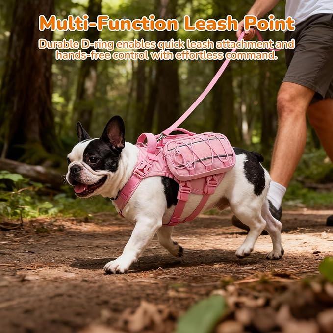 Small Dog Harness Backpack, No Pull Adjustable Dog Vest with Handle & Leash Ring, Lightweight Dog Backpack with Side Pockets for Walking, Training & Day Hikes, Pink, S