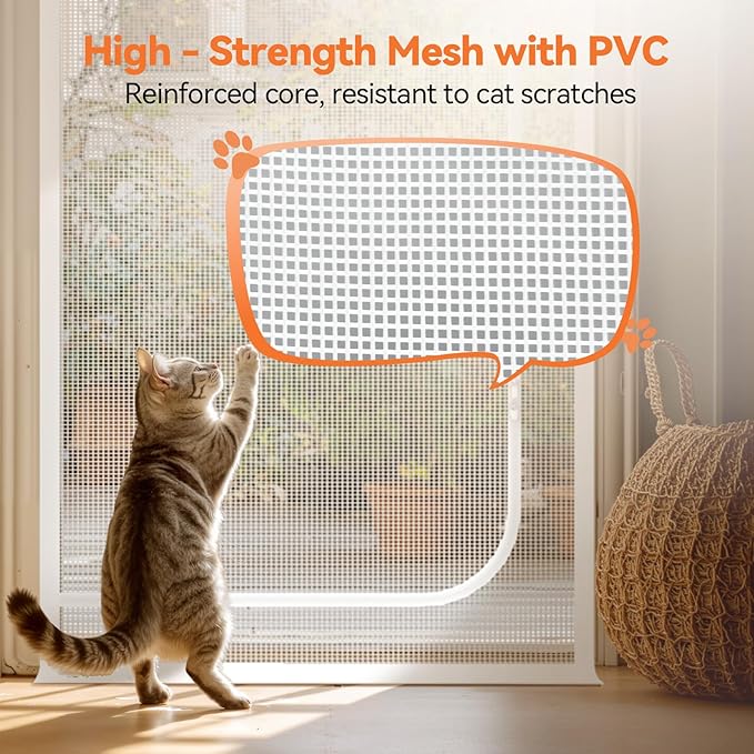 BFNN Cat Screen Door, Extra Tall Cat-Proof Mesh Gate, Fit Door Size 30'' x 80.5'', Anti Scratch Mesh with Zipper Closure, for Living Room, Kitchen, Bedroom (White)