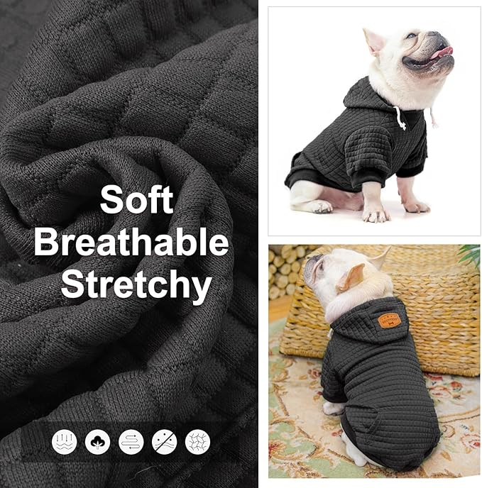 BEAUTYZOO Small Dog Hoodie Sweater with Pockets, Dog Clothes for Small Medium Dogs Boy Girl, Waffle-Like Laminated Cotton Pet Coats with Hat and Leash Hole, Black ML