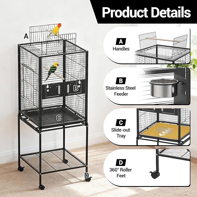 Bird Cage with Wheels, 63 Inch Bird Flight Cage, Wrought Iron Standing Large Parrot Parakeet Flight Birds Cages with Slide Out Tray Parrot Metal Parakeet Cages with Wooden Perches Black