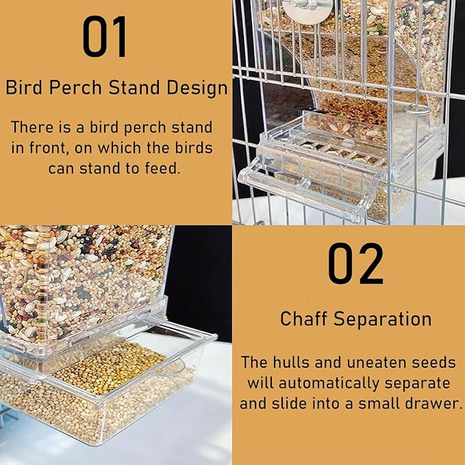 Automatic Bird Feeder for Cage No Mess Parakeet Feeder Seed Food Container Feeding Station Cage Accessories for Small Birds Parrot Canary Lovebirds(Transparent)