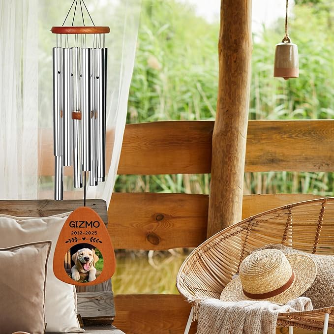Personalized Pet Memorial Wind Chimes with Photo Pet Memorial Gifts for Dogs Pet Bereavement Gifts Custom 25.5 Inch Wind Chimes for Garden Patio for Loss of Dog Cat Puppy (Champagne Gold, Design 4)