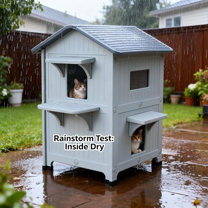 Weatherproof Heated Outdoor Cat House for Feral Cat, 2 Storey Elevated Plastic Insulated Cat Shelter with Escape Door, Expansive Interior‌ Grey 34" D x 21" W x 21.5" H