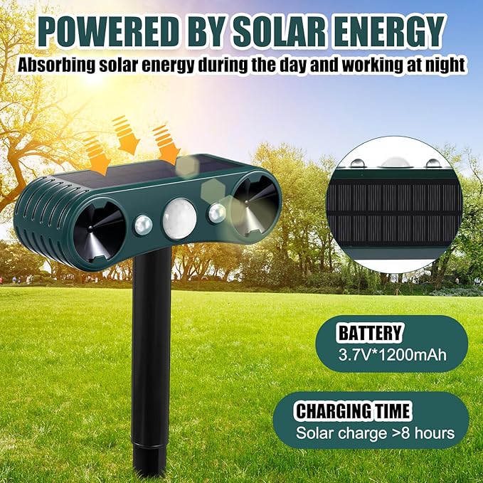 Qualirey 4 Pcs Solar Nocturnal Ultrasonic Light Animal Repeller Outdoor Deterrent with Pir Sensor Waterproof Deterrent Deer Repellent Devices to Repel Cat, Dog, Rabbit, Raccoon, Fox for Yard Garden