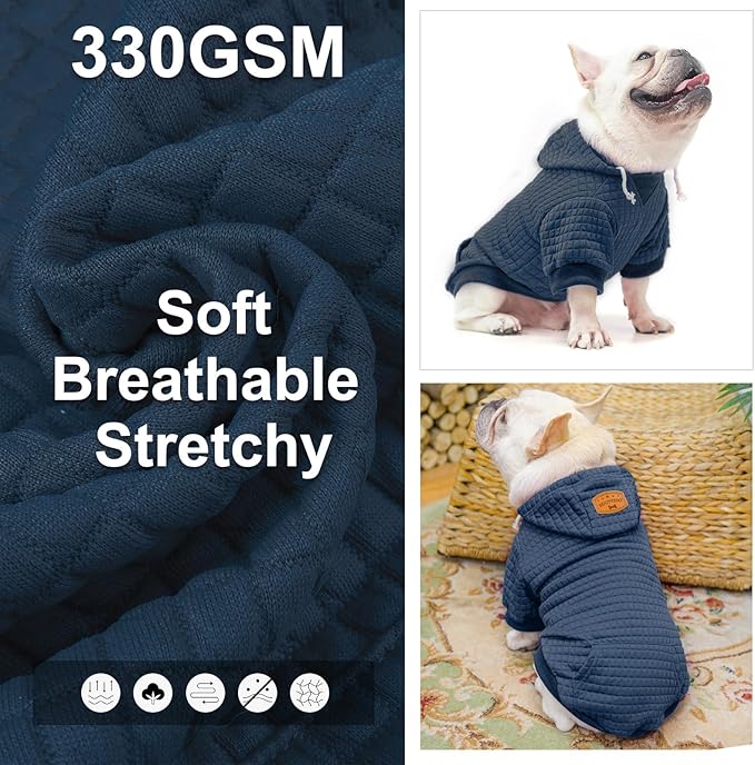 BEAUTYZOO Small Dog Hoodie Sweater with Pockets, Dog Clothes for Small Medium Dogs Boy Girl, Waffle-Like Laminated Cotton Pet Coats with Hat and Leash Hole, Navy Blue M