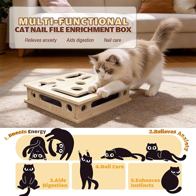 Cat Scratch Puzzle Enrichment Box, Large Solid Wood Construction Cat Nail File Enrichment Box with Sandpaper Inside, Cat Nail File Box Stress Free Alternative to Clippers and Grinders(No Bell Ball)