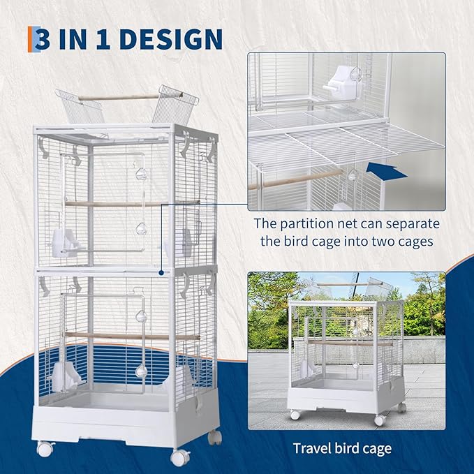 44Inch Small Bird Cage with Wheels, Bird Cage with Parrot Stand, 3 in 1 Bird Carrier for Parakeets, Canaries, Lovebirds, Small Quaker, Cockatiels, Budgie, Green Cheek,Conure