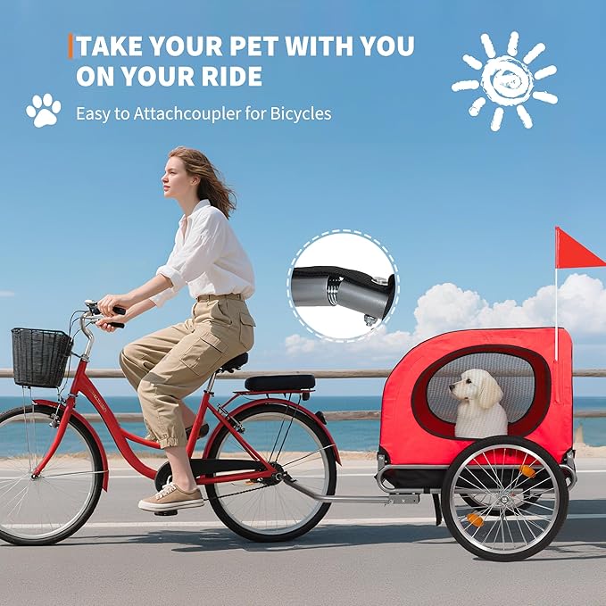 【Upgraded】 Dog Bike Trailer for Medium Large Dogs - Convertible to Jogging Stroller, 88Lbs Capacity, Waterproof & Ventilated Design with Safety Flag, Universal Hitch for 20-29" Bikes