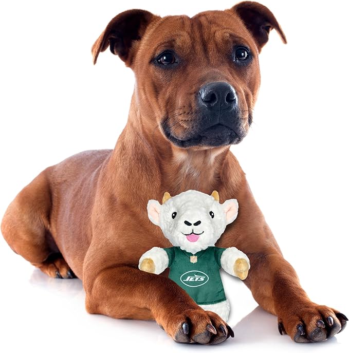 Pets First NFL New York Jets Goat Plush Toy for Dogs and Cats with Squeaker, Wearing a Team Jersey! Fun & Sporty Goat Shaped Dog Chew Toy, Interactive Pet Toy